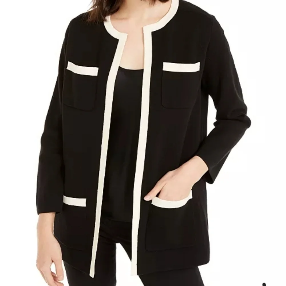Anne KleinTipped Patch-Pocket Cardigan Women's Medium Black Open Front